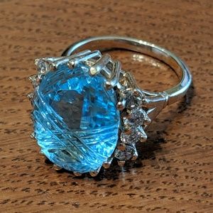 14K Gold Blue Topaz .8 Carat Melee Diamond Ring